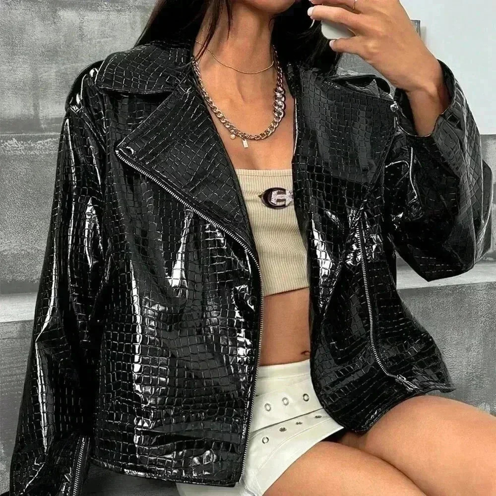 Black Casual Women's Glossy Faux Crocodile Skin Turndown Collar Flight Jacket